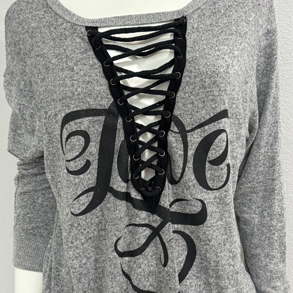 Inspired Hearts Gray Lace Up Love Sweater - Picture 2 of 5